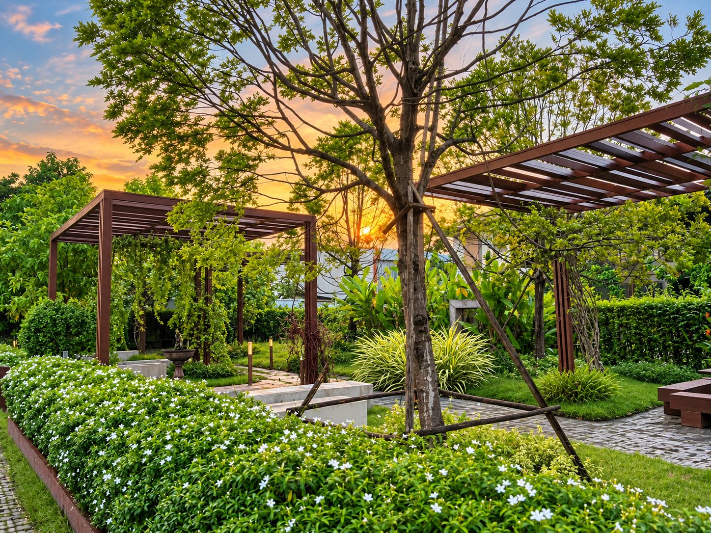 สวน Urban Oasis ซุ้มไม้เลื้อยและที่นั่งใต้ร่มไม้